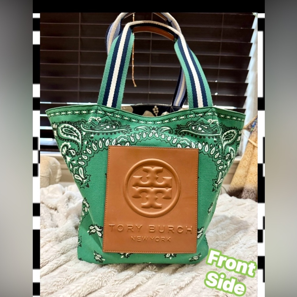 2 in 1 Tory Burch Green and Brown Paisley Tote Bag
